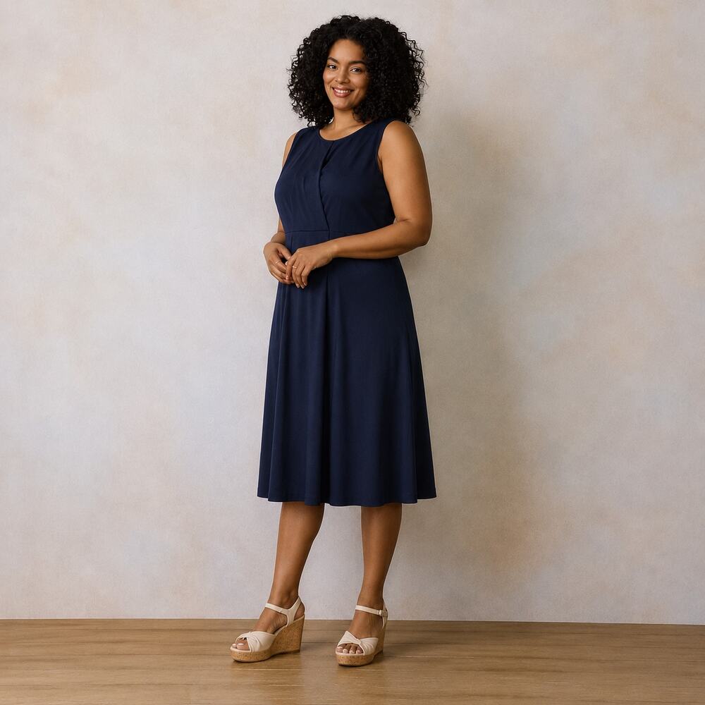 J Jill Wearever 3X Navy Faux Wrap Sleeveless Midi Dress Plus Size Stretch Work